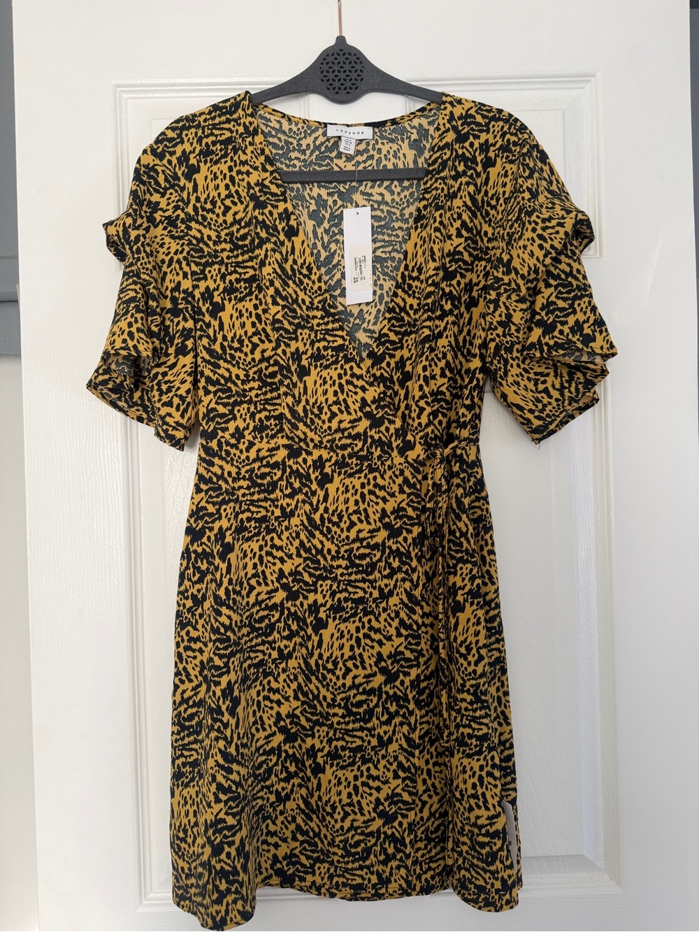 Topshop NWT Animal Print Wrap Mini Dress Ruffle Sleeve Mustard Black US 4